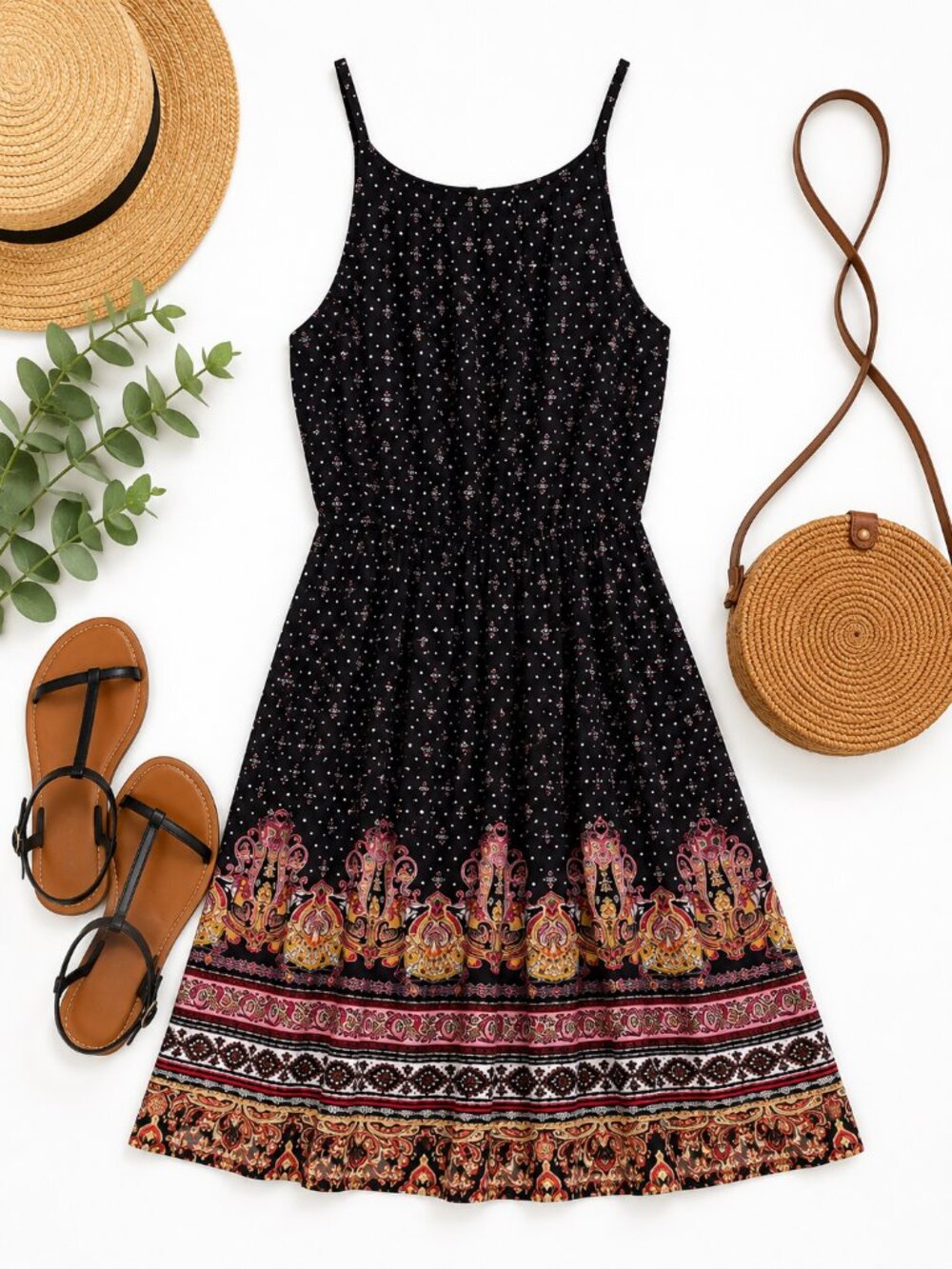 Mi Ami Black Paisley Border Print Dress Women’s Small Boho Sundress